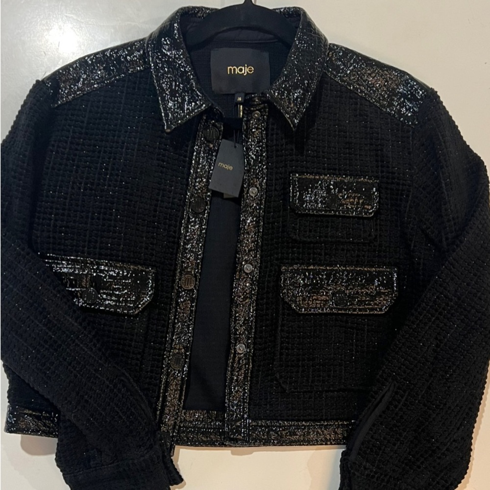 Maje Classy Patented Black & Tweed Jacket Size 36